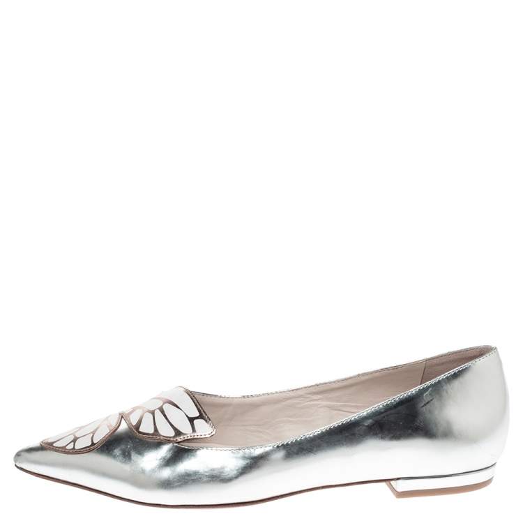 Pre Owned Sophia Webster Metallic Silver Leather Bibi Butterfly Pointed Toe Ballet Flats Size 37.5