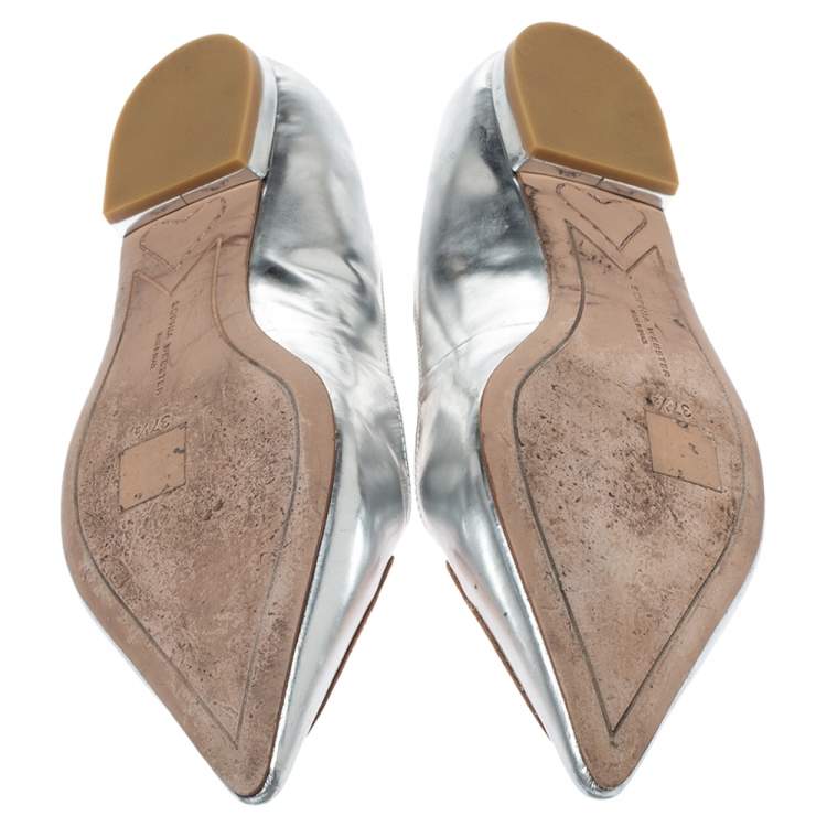 Pre Owned Sophia Webster Metallic Silver Leather Bibi Butterfly Pointed Toe Ballet Flats Size 37.5