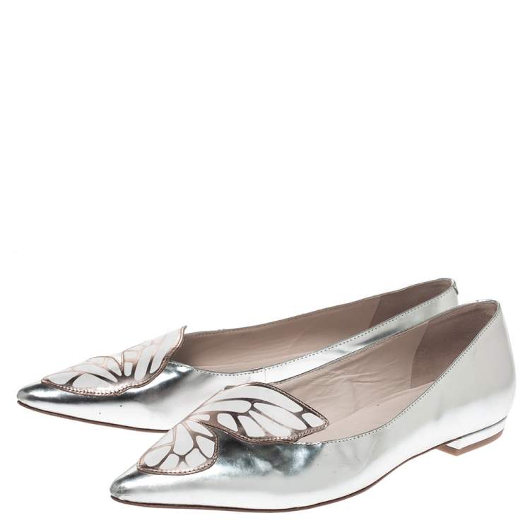 Pre Owned Sophia Webster Metallic Silver Leather Bibi Butterfly Pointed Toe Ballet Flats Size 37.5