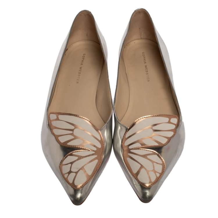 Pre Owned Sophia Webster Silver Leather Bibi Butterfly Ballet Flats Size 39