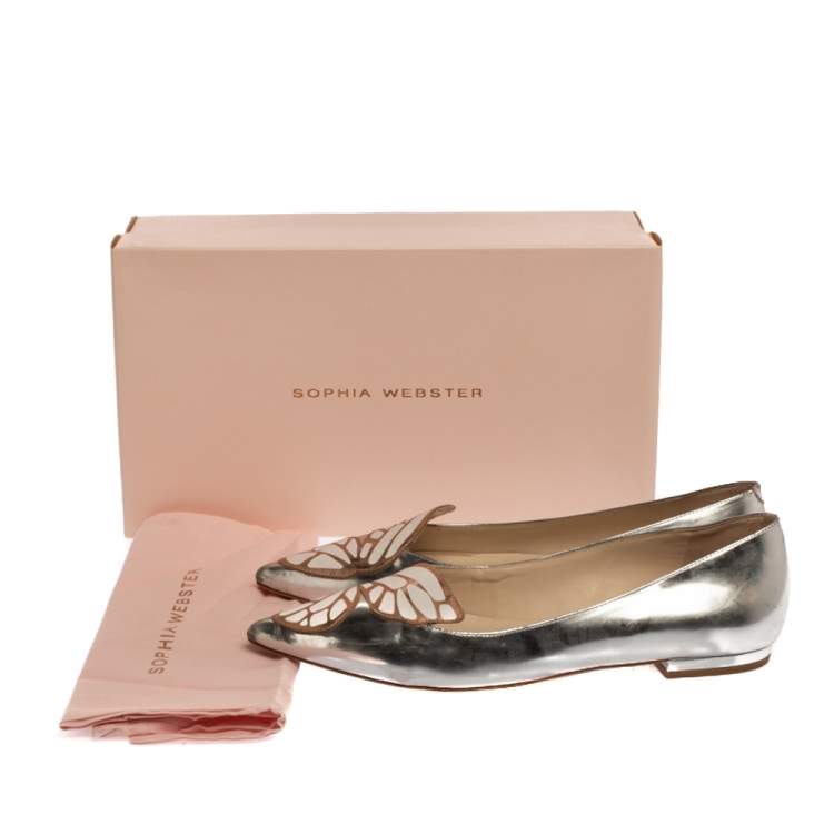 Pre Owned Sophia Webster Silver Leather Bibi Butterfly Ballet Flats Size 39