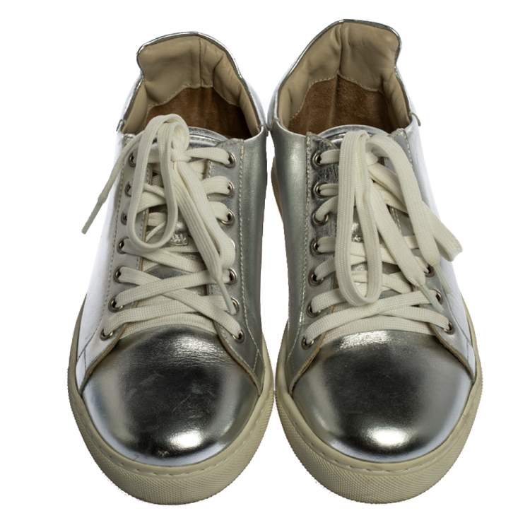 Pre Owned Sophia Webster Metallic Silver Leather Bibi Butterfly Sneakers Size 37.5