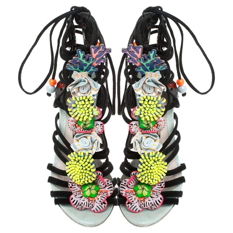 Pre Owned Sophia Webster Multicolor Patent Leather and Suede Lilico Underwater Ankle Wrap Sandals Size 35.5