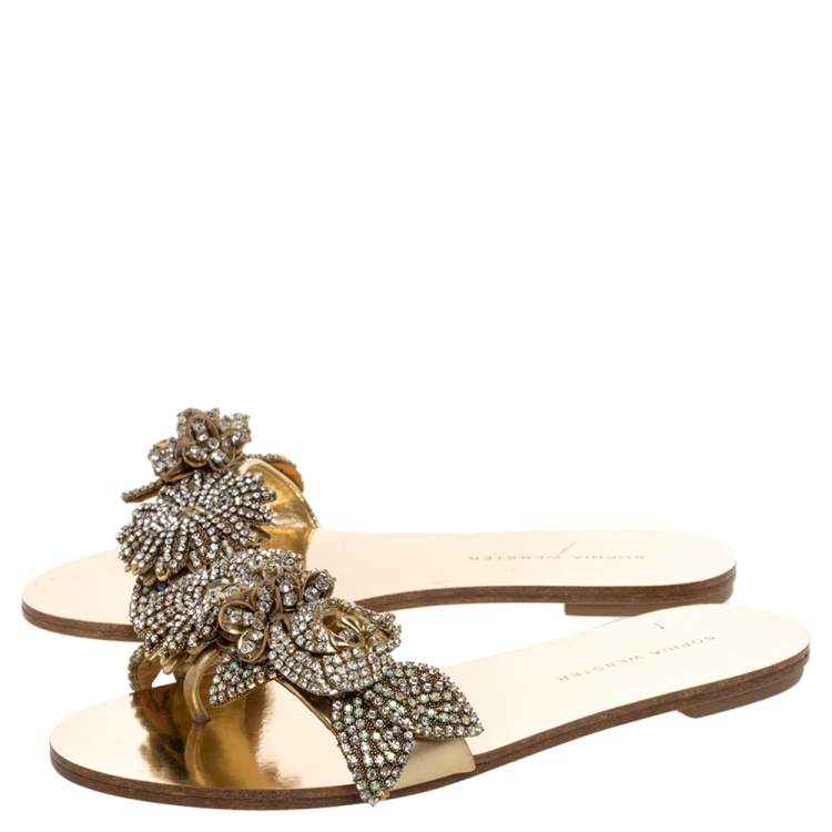 Pre Owned Sophia Webster Gold Mirror Leather Lilico Crystal Embellished Slide Flats Size 36.5