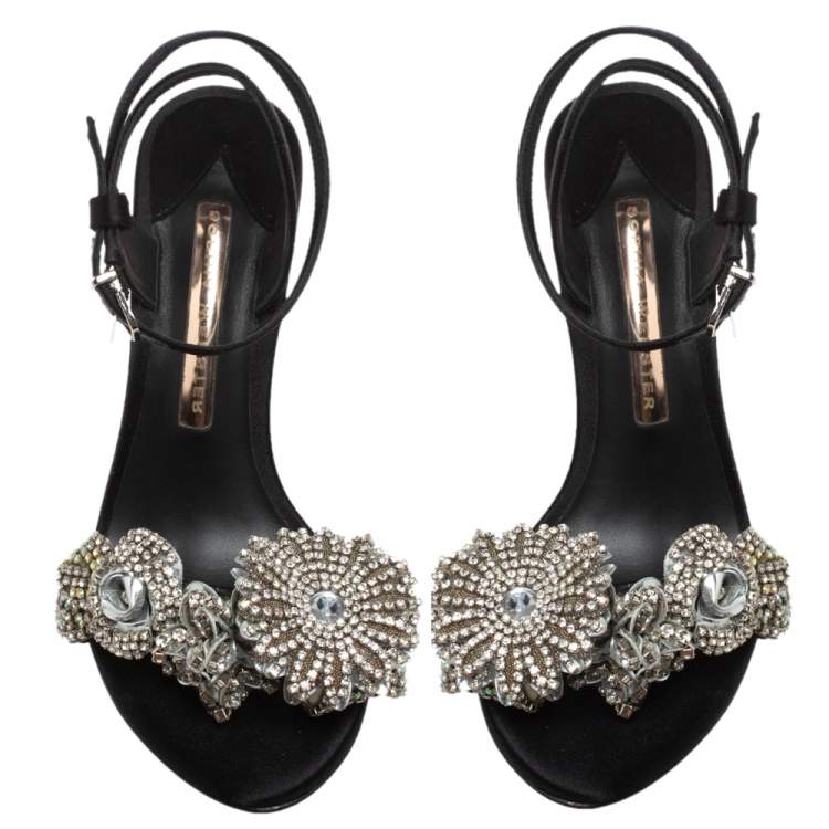 Pre Owned Sophia Webster Black Satin Lilico Crystal Embellished Sandals Size 35.5
