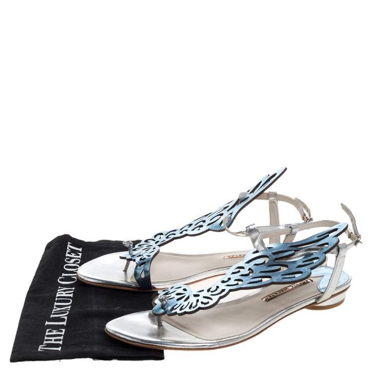 Pre Owned Sophia Webster Metallic Blue/Silver Leather Seraphina Angel Wing Flats Size 41