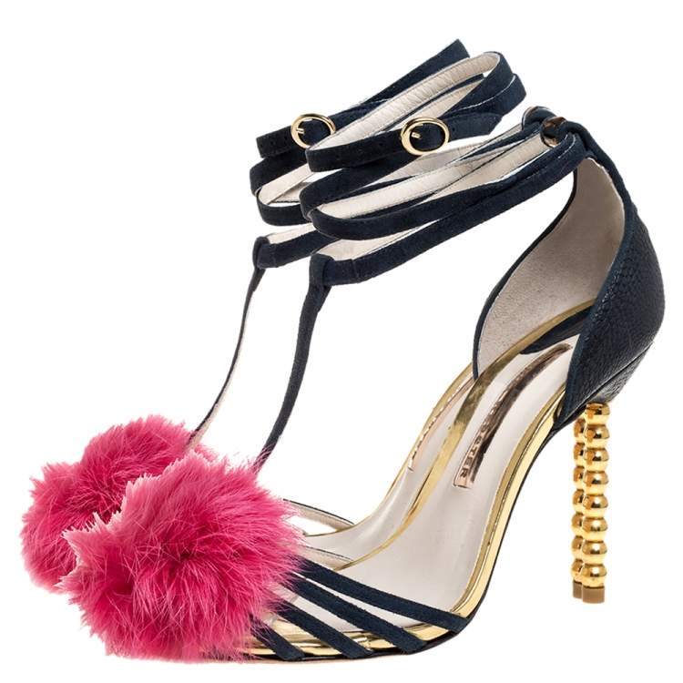 Pre Owned Sophia Webster Navy Blue/Pink Leather Fur Detail Ankle Strap Wrap Up Sandals Size 38.5