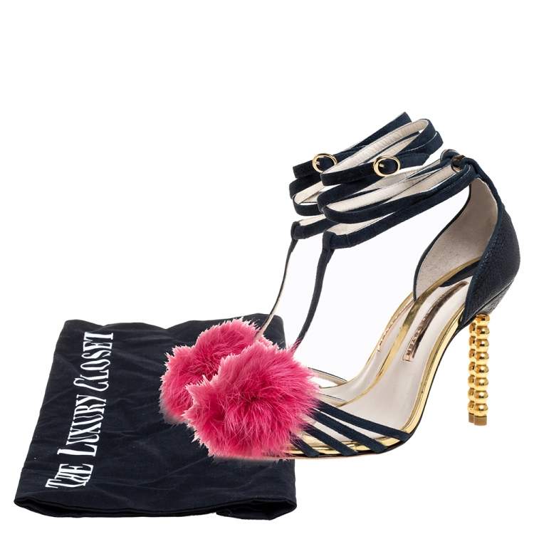 Pre Owned Sophia Webster Navy Blue/Pink Leather Fur Detail Ankle Strap Wrap Up Sandals Size 38.5