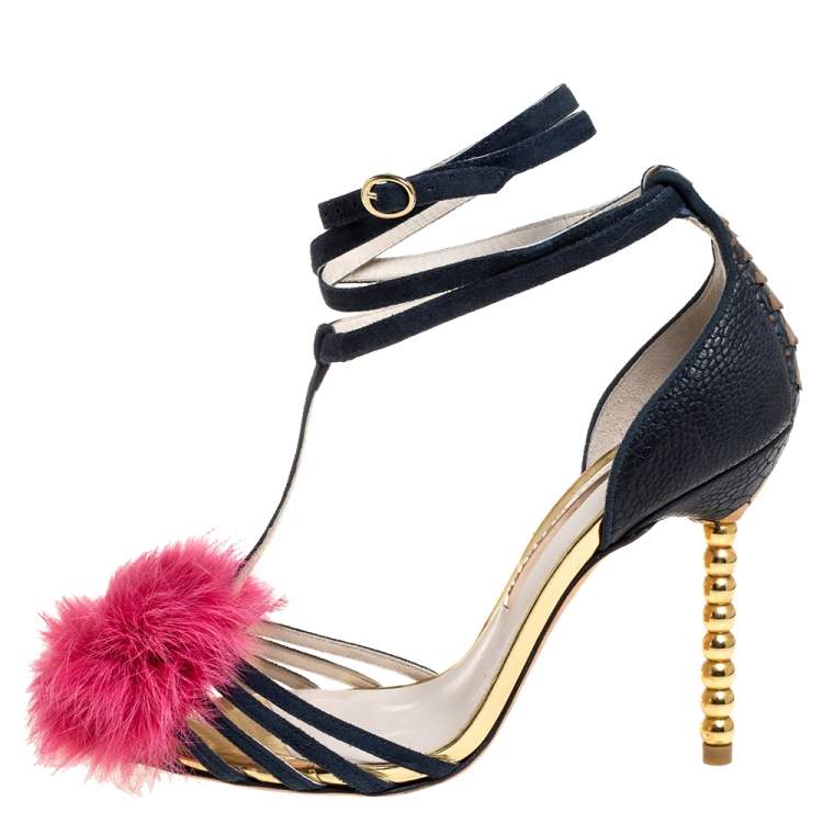 Pre Owned Sophia Webster Navy Blue/Pink Leather Fur Detail Ankle Strap Wrap Up Sandals Size 38.5