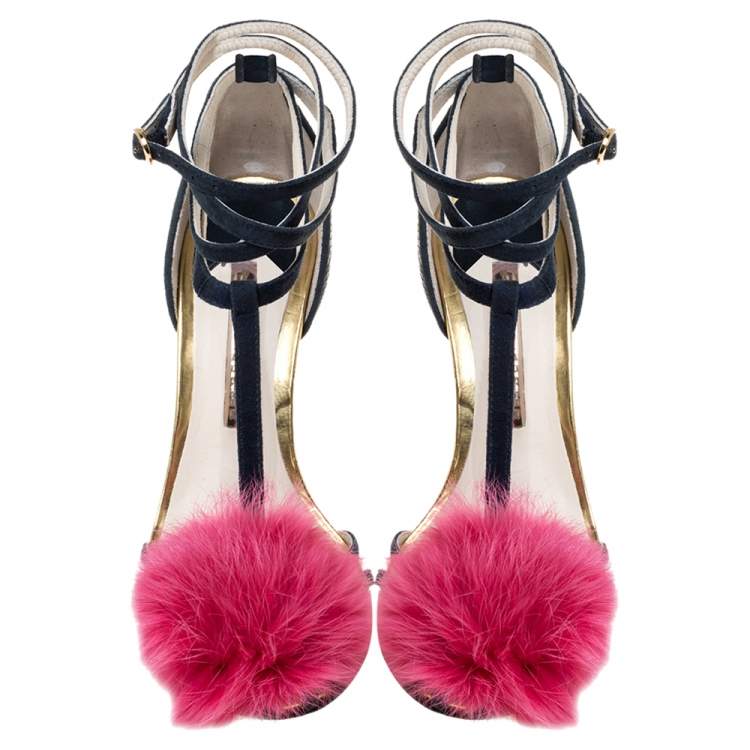 Pre Owned Sophia Webster Navy Blue/Pink Leather Fur Detail Ankle Strap Wrap Up Sandals Size 38.5