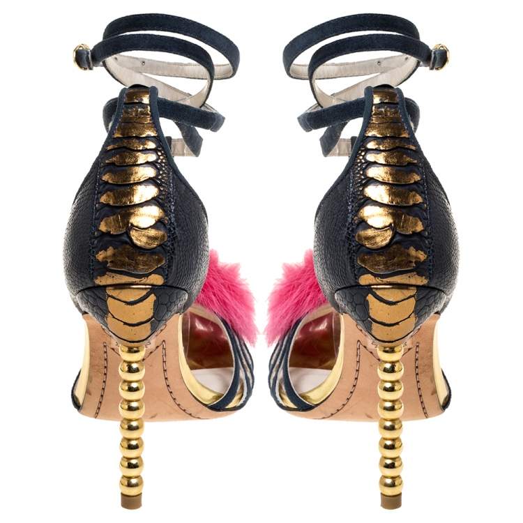 Pre Owned Sophia Webster Navy Blue/Pink Leather Fur Detail Ankle Strap Wrap Up Sandals Size 38.5