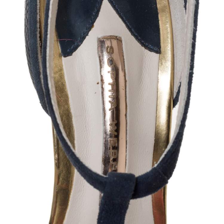 Pre Owned Sophia Webster Navy Blue/Pink Leather Fur Detail Ankle Strap Wrap Up Sandals Size 38.5