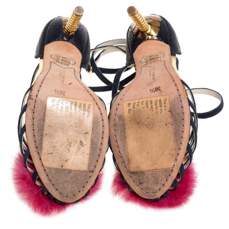 Pre Owned Sophia Webster Navy Blue/Pink Leather Fur Detail Ankle Strap Wrap Up Sandals Size 38.5