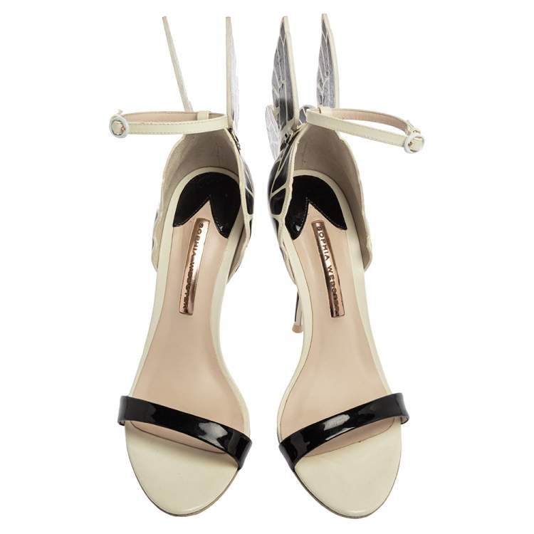 مملوكة مسبقًا Sophia Webster Black/White Patent Leather and Leather Chiara Butterfly Wing Open Toe Sandals Size 39.5