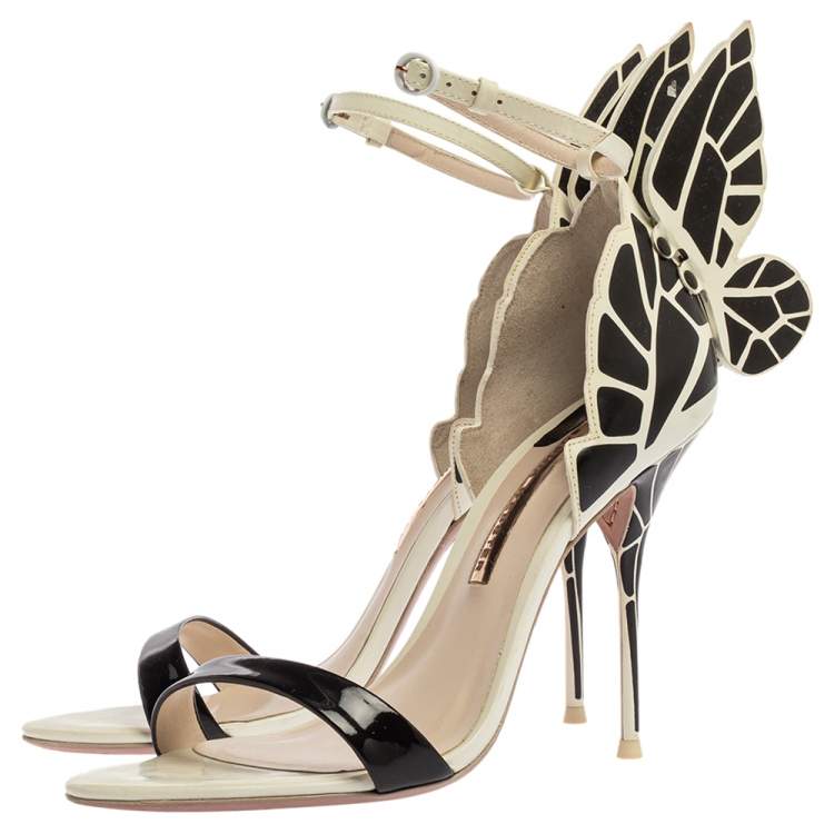 مملوكة مسبقًا Sophia Webster Black/White Patent Leather and Leather Chiara Butterfly Wing Open Toe Sandals Size 39.5