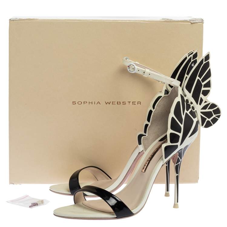 مملوكة مسبقًا Sophia Webster Black/White Patent Leather and Leather Chiara Butterfly Wing Open Toe Sandals Size 39.5