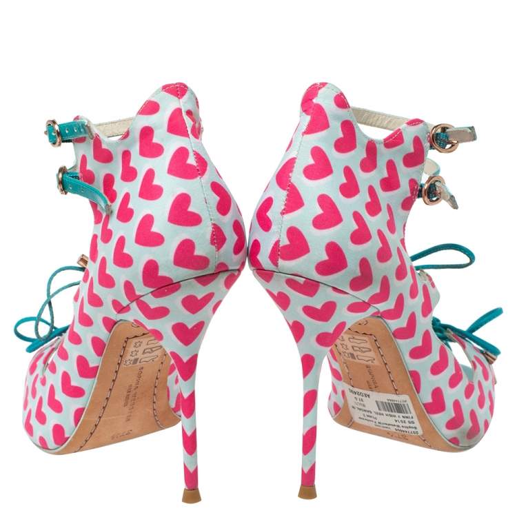 Pre Owned Sophia Webster Pink/Multicolor Nylon And Leather Heart Print Sandals Size 37.5