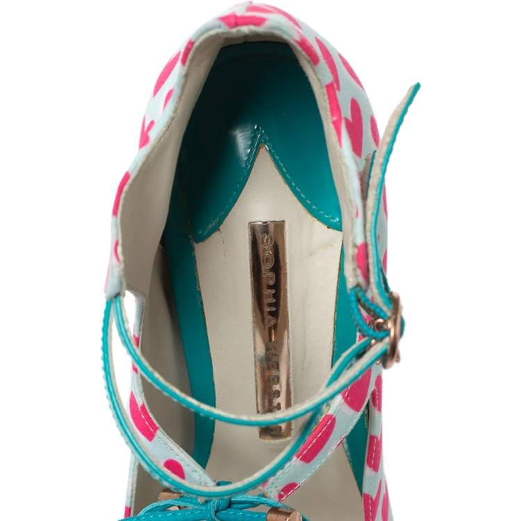Pre Owned Sophia Webster Pink/Multicolor Nylon And Leather Heart Print Sandals Size 37.5