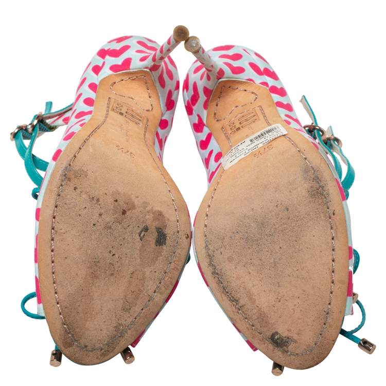 Pre Owned Sophia Webster Pink/Multicolor Nylon And Leather Heart Print Sandals Size 37.5