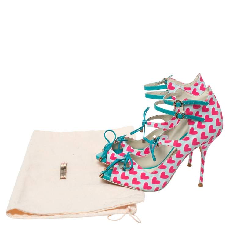 Pre Owned Sophia Webster Pink/Multicolor Nylon And Leather Heart Print Sandals Size 37.5