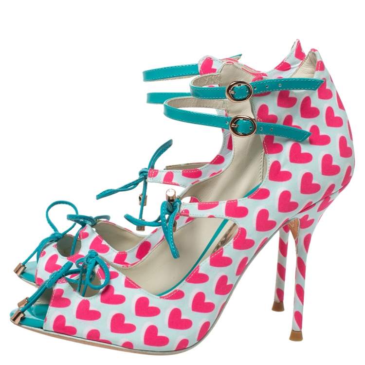Pre Owned Sophia Webster Pink/Multicolor Nylon And Leather Heart Print Sandals Size 37.5