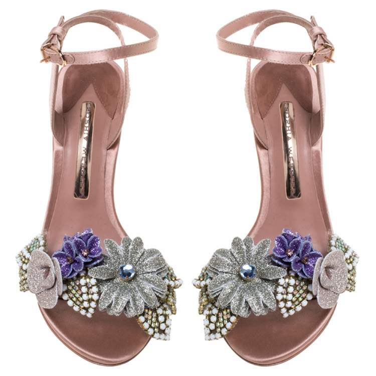 Pre Owned Sophia Webster Beige Satin And Glitter Flower Lilico Ankle Wrap Sandals Size 36
