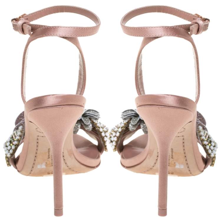 Pre Owned Sophia Webster Beige Satin And Glitter Flower Lilico Ankle Wrap Sandals Size 36