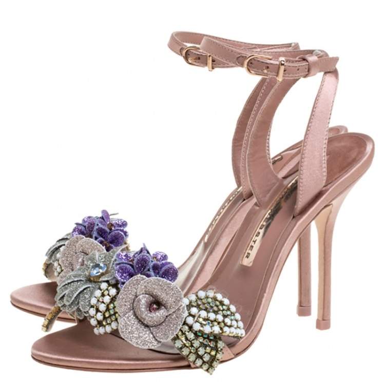Pre Owned Sophia Webster Beige Satin And Glitter Flower Lilico Ankle Wrap Sandals Size 36