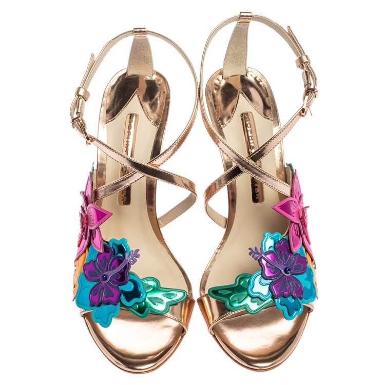 Pre Owned Sophia Webster Rose Gold Patent Leather Hula Floral Embellished Crisscross Sandals Size 37