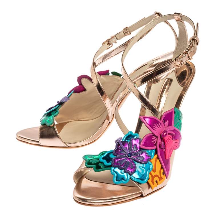 Pre Owned Sophia Webster Rose Gold Patent Leather Hula Floral Embellished Crisscross Sandals Size 37