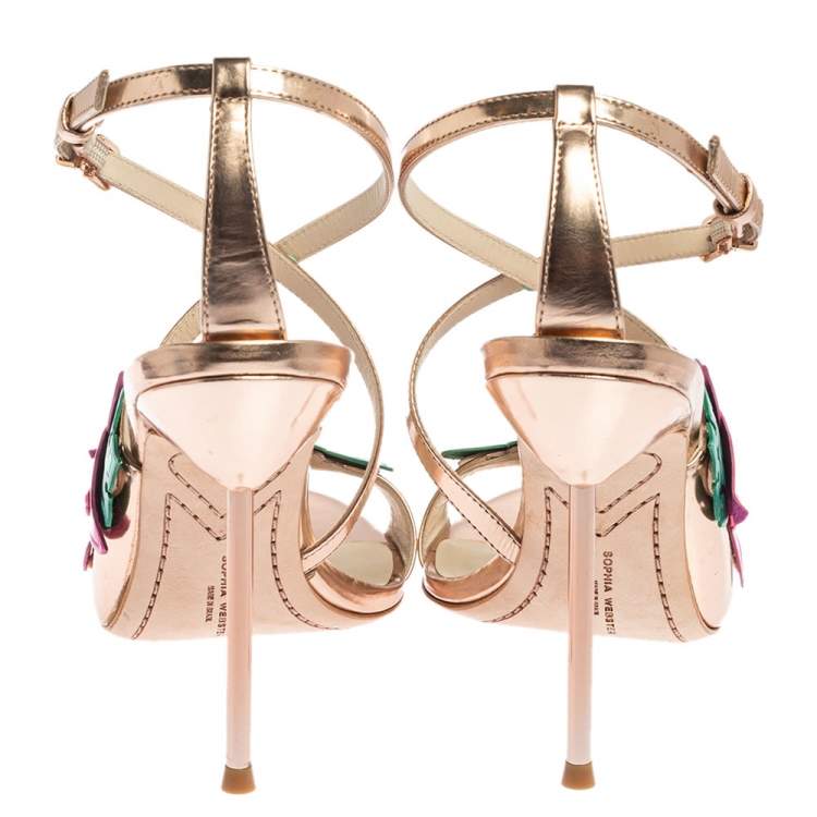 Pre Owned Sophia Webster Rose Gold Patent Leather Hula Floral Embellished Crisscross Sandals Size 37
