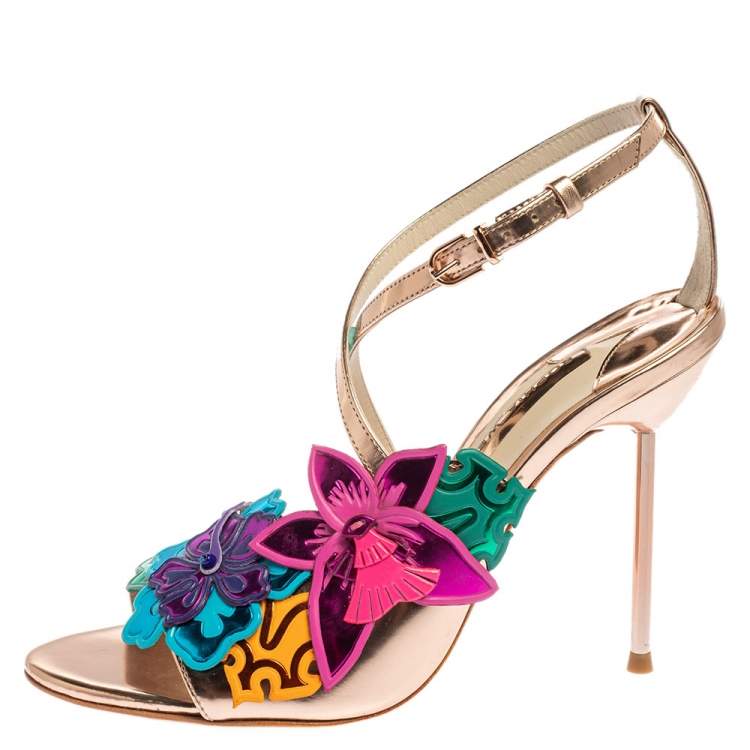 Pre Owned Sophia Webster Rose Gold Patent Leather Hula Floral Embellished Crisscross Sandals Size 37