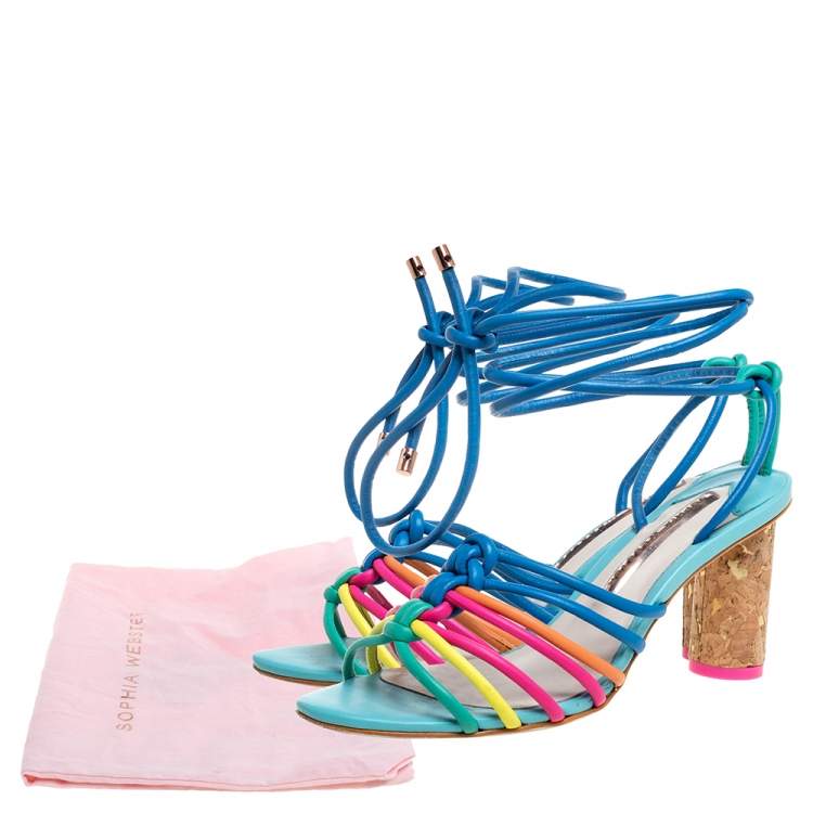 Pre Owned Sophia Webster Multicolor Leather Cord Copacabana Cork Heel Ankle Wrap Sandals Size 36.5