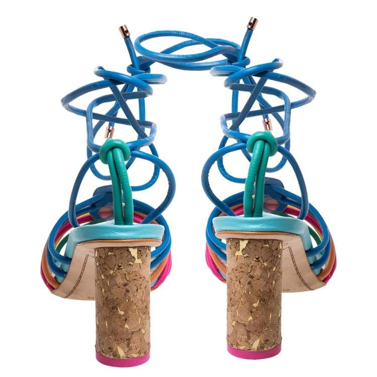 Pre Owned Sophia Webster Multicolor Leather Cord Copacabana Cork Heel Ankle Wrap Sandals Size 36.5