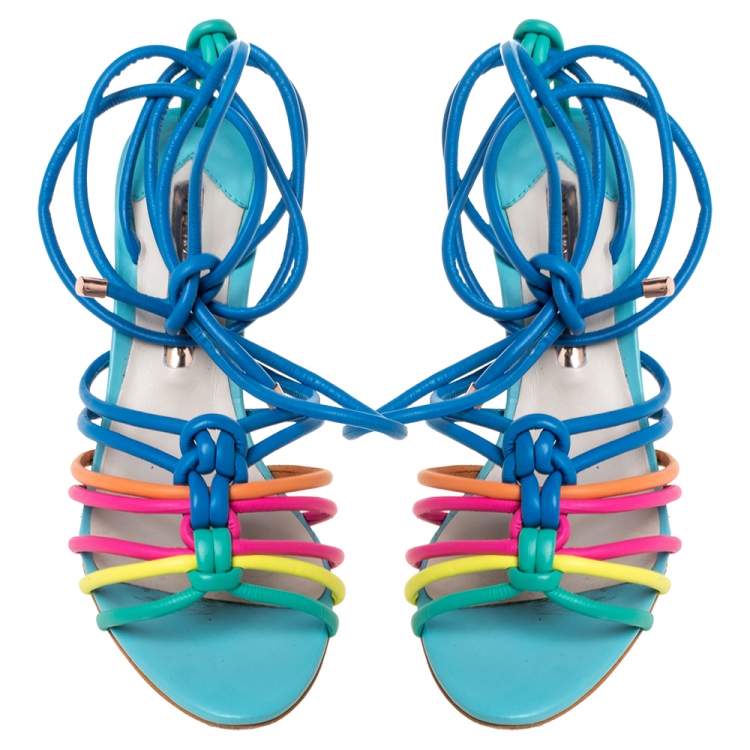 Pre Owned Sophia Webster Multicolor Leather Cord Copacabana Cork Heel Ankle Wrap Sandals Size 36.5