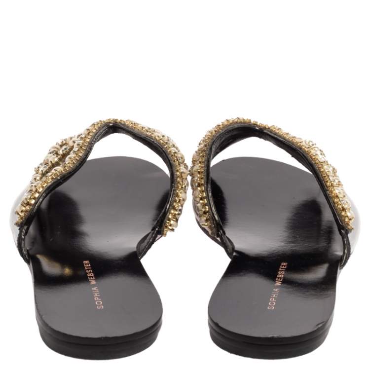 Pre Owned Sophia Webster Black Leather And PVC Madame Butterfly Flat Slide Size 36.5