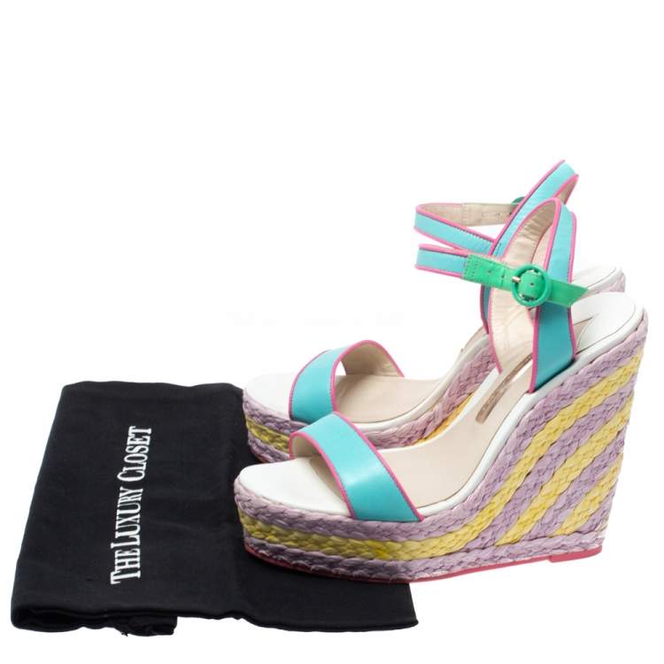 Pre Owned Sophia Webster Multicolor Leather Lucita Raffia Wedge Platform Ankle Strap Sandals Size 38