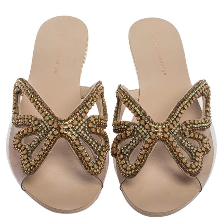 Pre Owned Sophia Webster Pale Pink PVC Madame Crystal Embellished Slide Flats Size 39.5