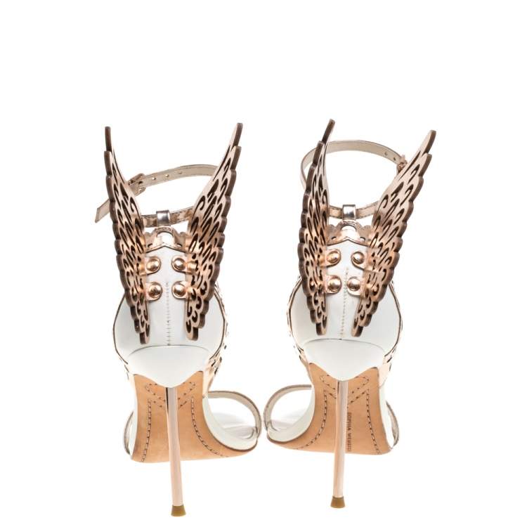 Pre Owned Sophia Webster Metallic Rose Gold/White Leather Chiara Butterfly Ankle Cuff Sandals Size 36