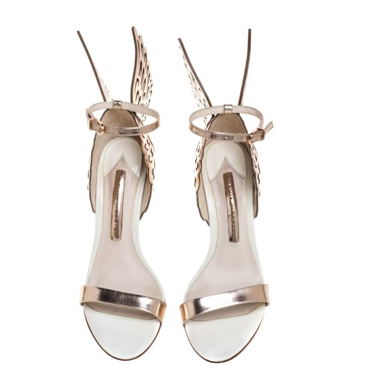 Pre Owned Sophia Webster Metallic Rose Gold/White Leather Chiara Butterfly Ankle Cuff Sandals Size 36