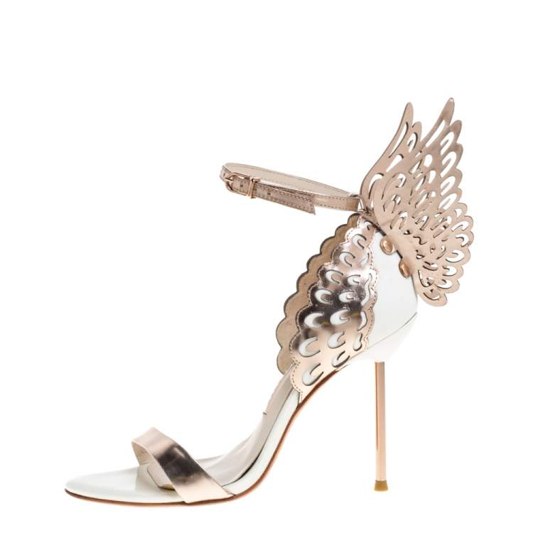 Pre Owned Sophia Webster Metallic Rose Gold/White Leather Chiara Butterfly Ankle Cuff Sandals Size 36