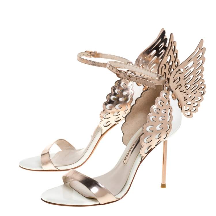 Pre Owned Sophia Webster Metallic Rose Gold/White Leather Chiara Butterfly Ankle Cuff Sandals Size 36