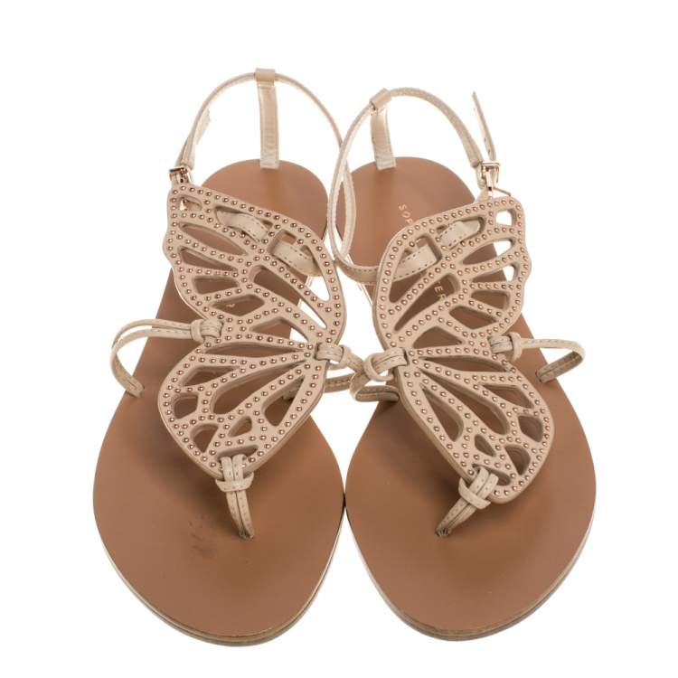 Pre Owned Sophia Webster Beige Leather Studded Butterfly Flat Sandals Size 39