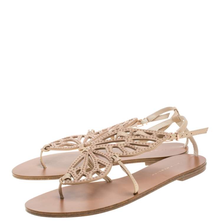 Pre Owned Sophia Webster Beige Leather Studded Butterfly Flat Sandals Size 39