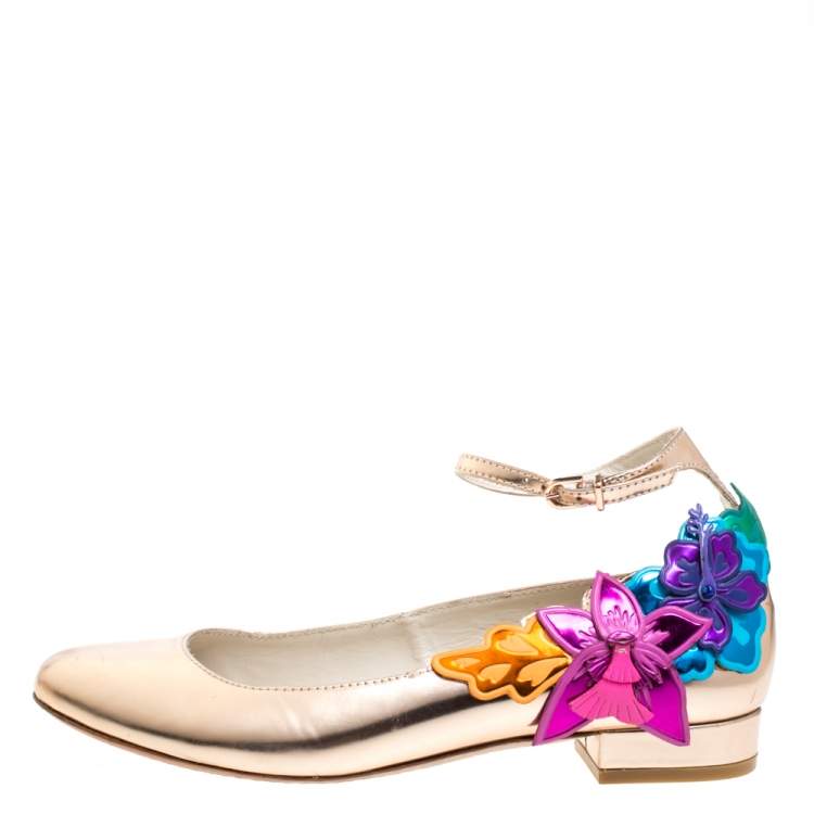 Pre Owned Sophia Webster Metallic Bronze Leather Floral-Applique Ankle-Strap Ballet Flats Size 38 