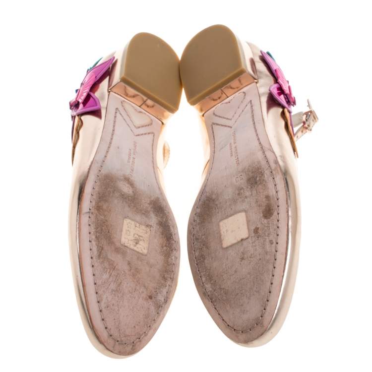 Pre Owned Sophia Webster Metallic Bronze Leather Floral-Applique Ankle-Strap Ballet Flats Size 38 