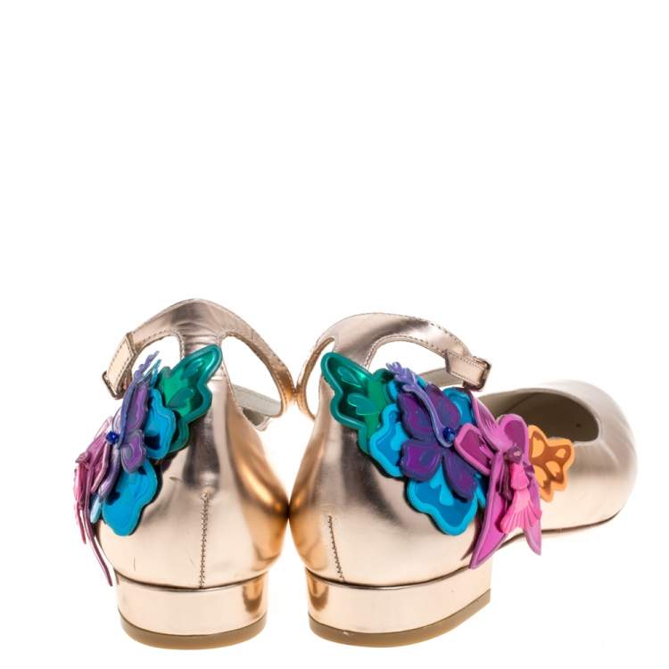 Pre Owned Sophia Webster Metallic Bronze Leather Floral-Applique Ankle-Strap Ballet Flats Size 38 