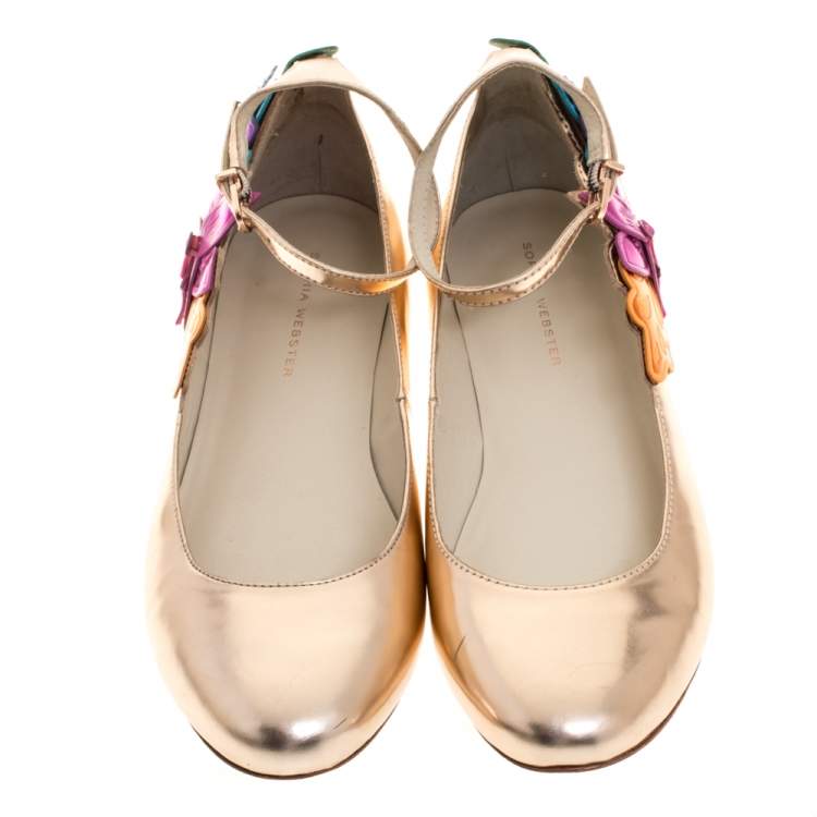 Pre Owned Sophia Webster Metallic Bronze Leather Floral-Applique Ankle-Strap Ballet Flats Size 38 