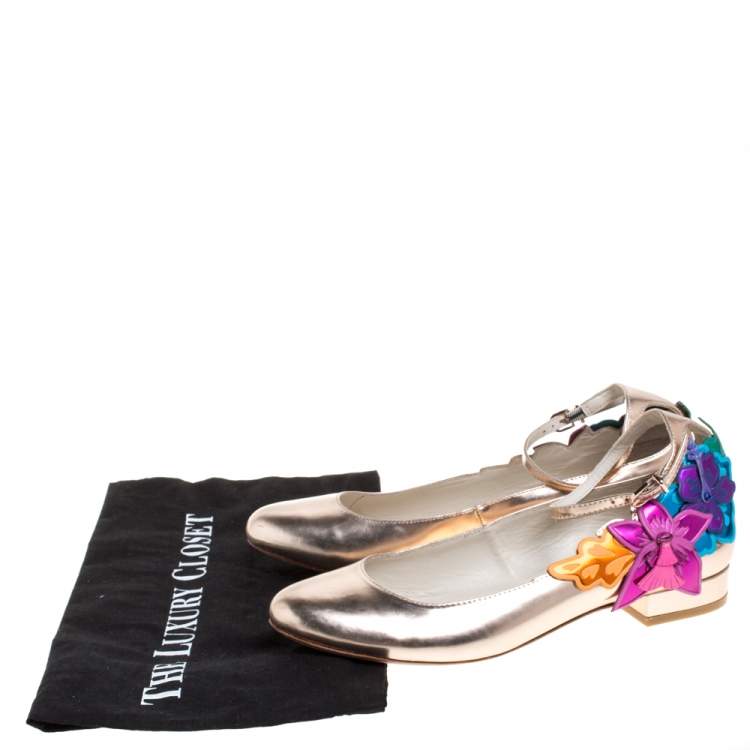 Pre Owned Sophia Webster Metallic Bronze Leather Floral-Applique Ankle-Strap Ballet Flats Size 38 