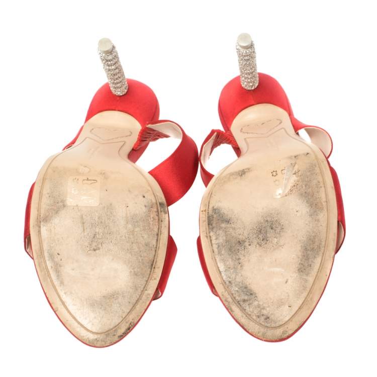 Pre Owned Sophia Webster Red Satin Crystal Embellished Heel Slide Mules Size 40
